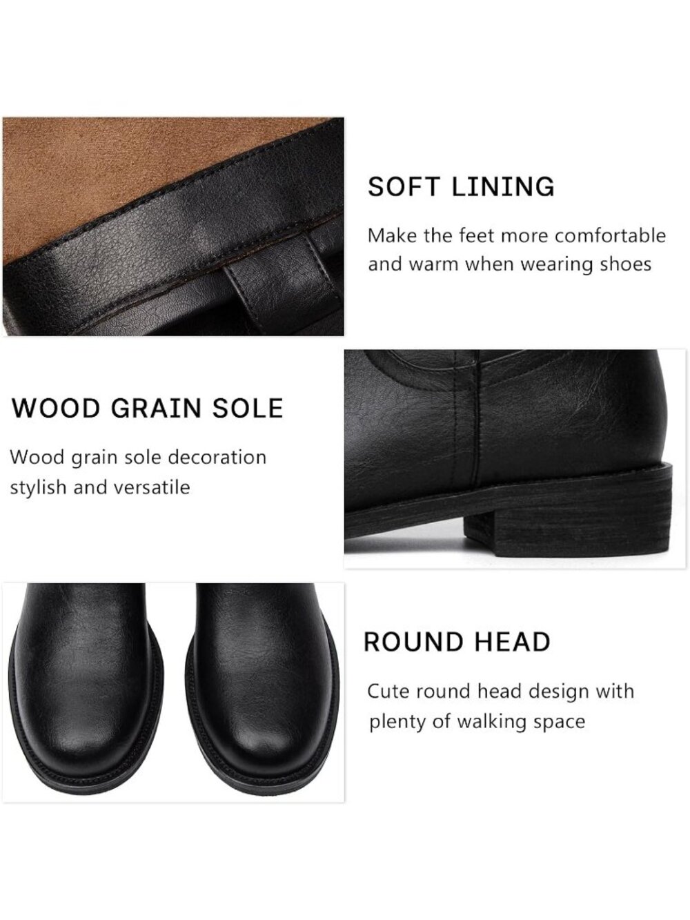 Women's Black Chunky Block Low Heel Round Toe Campus Comfortable Mid Calf Boots - Picture 4 of 6